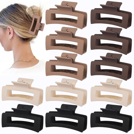 Picture of Sisiaipu Hair Claw Clips, 3.5 Inch Medium Hair Clips 12 Pcs Square Jaw Clips for Thick and Thin Hair - Brown, Matte Black, Dark Brown, Light Brown, Bulk Hair Accessories