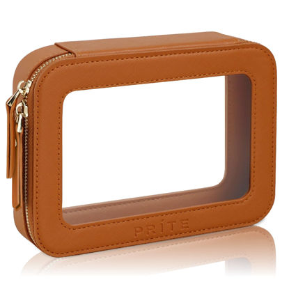 Picture of Prite Clear Makeup Bag Cosmetic Organizer Case Waterproof Travel Toiletry Bag Skincare Pouch with Golden Zipper(Brown)