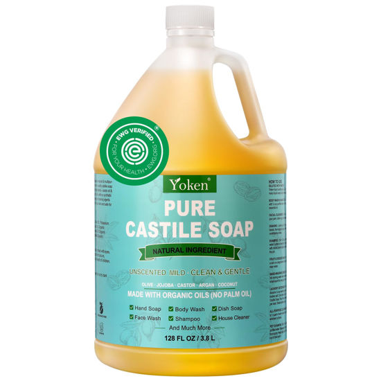 Picture of Yoken Castile Soap Liquid EWG Verified(1 Gallon, Unscented) Pure-Castile Liquid Soap for Body, Face, Hand, Pets, Laundry, Dish Soap and More - Made With Organic Oil, Vegan, Clean & Gentle, Versatile