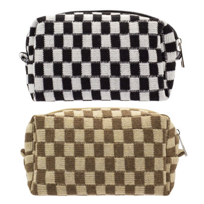 Picture of PAZIMIIK Checkered Makeup Bag for Purse Portable Zipper Make Up Pouch Small Cosmetic Case for Travel Accessories (2PCS Black Coffee)