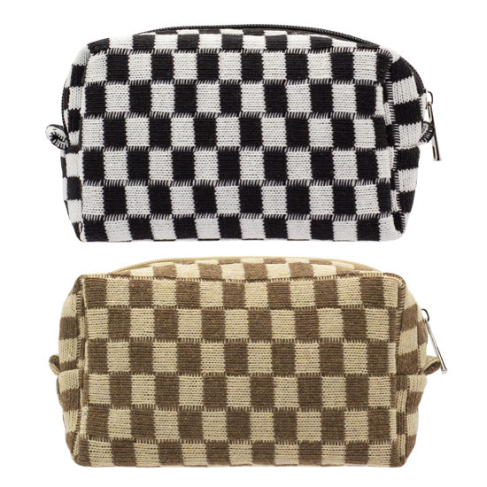 Picture of PAZIMIIK Checkered Makeup Bag for Purse Portable Zipper Make Up Pouch Small Cosmetic Case for Travel Accessories (2PCS Black Coffee)