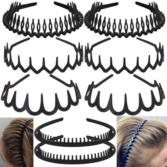 Picture of ULTIMUTE 8 PCS Fashion No Slip Effortless Plastic Headbands with Teeth Comb Black Skinny Hair Accessories Bands for Women Men Teen Girls, Matte Black