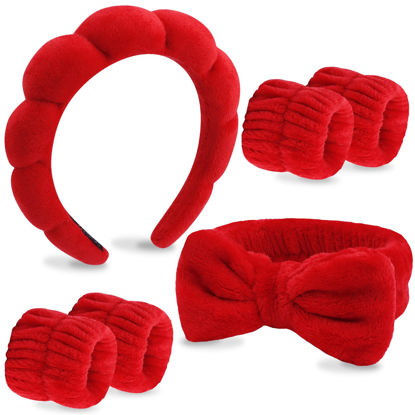Picture of VELSCRUN 6 Pack Hairband, Makeup Headband, Face Wash Headband, Skincare Headbands, Red Microfiber Hair Band with Bow Tie Spa Headband for Washing Face Wristband Set Hair Accessories for Women