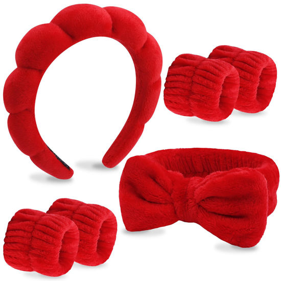 Picture of VELSCRUN 6 Pack Hairband, Makeup Headband, Face Wash Headband, Skincare Headbands, Red Microfiber Hair Band with Bow Tie Spa Headband for Washing Face Wristband Set Hair Accessories for Women