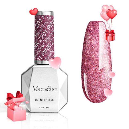 Picture of MelodySusie Pink Glitter Gel Nail Polish, 0.5fl oz Strawberry Pink Glitter Soak Off UV LED Pink Sparkle Gel Polish Gift for Women Nail Art Manicure Salon DIY Nail Design Decoration at Home-Z201