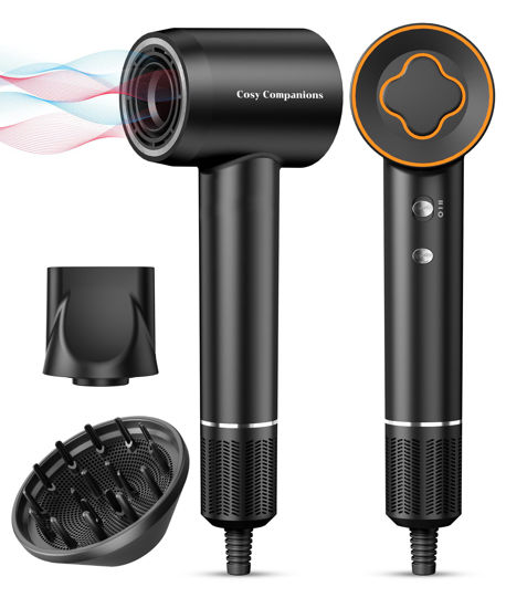 Picture of Hair Dryer, 150000 RPM High-Speed Brushless Motor Negative Ionic Blow Dryer for Fast Drying, Low Noise Thermo-Control Hair-Dryer-with-Diffuser and Nozzle