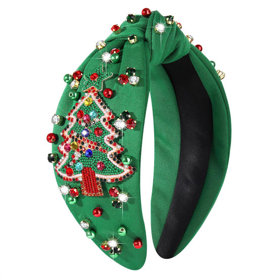 Picture of MOLOCH Christmas Headband for Women Beaded Green Christmas Tree Knotted Headband Jeweled Crystal Xmas Headband Christmas Decorations Gifts