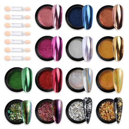 Picture of Chrome Nail Powder Set 14 Colors Pink Blue Silver Metallic Effect Mirror Powder for Nails With Brushes Holographic Pigment Chameleon Flakes for Nails Gold Leaf Decoration Nail Supplies