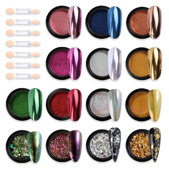 Picture of Chrome Nail Powder Set 14 Colors Pink Blue Silver Metallic Effect Mirror Powder for Nails With Brushes Holographic Pigment Chameleon Flakes for Nails Gold Leaf Decoration Nail Supplies