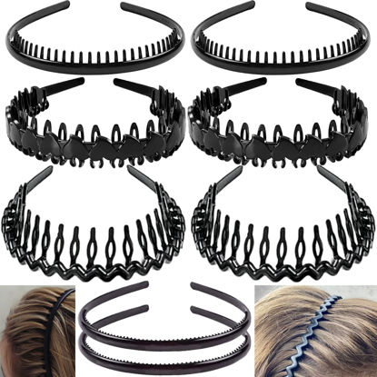Picture of ULTIMUTE 8 PCS Fashion Effortless Plastic Headbands with Teeth Comb Black Skinny Headbands No Slip Hair Accessories Bands for Women Men Teen Girls, Bright Black
