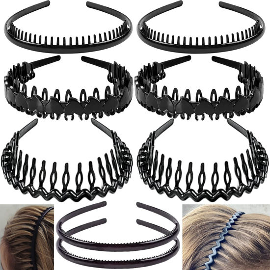 Picture of ULTIMUTE 8 PCS Fashion Effortless Plastic Headbands with Teeth Comb Black Skinny Headbands No Slip Hair Accessories Bands for Women Men Teen Girls, Bright Black