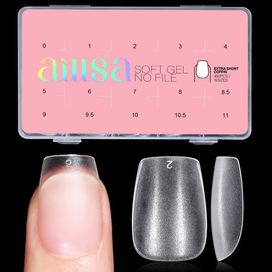 Picture of AILLSA Extra Short Coffin Nail Tips 450PCS Full Cover Soft Gel Clear Nail Tips Double-sided Matte Pre-Shaped Press on False Nail Tips for Nail Extension Fake Nails Manicure 15 Sizes