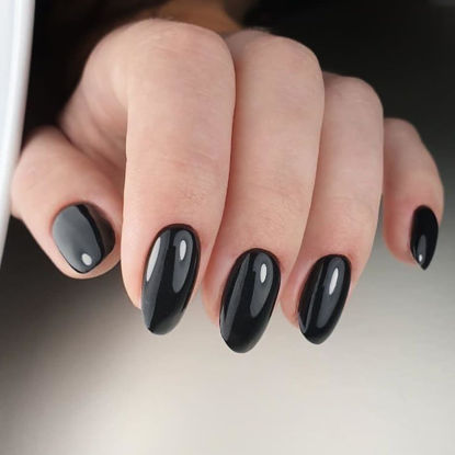 Picture of modelones Short Press on Nails, 32Pcs 16 Sizes Oval Fake Nails Kit Press Ons with Nail Glue, Adhesive Tabs, Nail File, Prep Pad, Manicure Stick, Classic Black