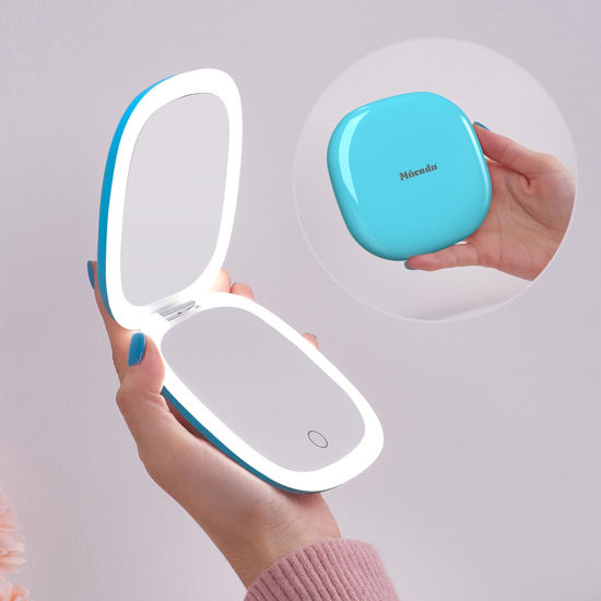 Picture of Mocado Compact LED Travel Makeup Mirror - 4 Inches 1X/10X Magnification Travel Mirror with Light Dimmable Double Sides Lighted USB Rechargeable Compact Mirror for Purse,Pocket,Travel(Blue)