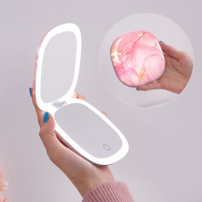 Picture of Mocado Compact LED Travel Makeup Mirror - 4 Inches 1X/10X Magnification Travel Mirror with Light Dimmable Double Sides Lighted USB Rechargeable Compact Mirror for Purse,Pocket,Travel(Pink Marble)