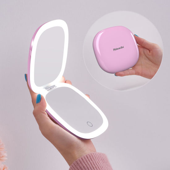 Picture of Mocado Compact LED Travel Makeup Mirror - 4 Inches 1X/10X Magnification Travel Mirror with Light Dimmable Double Sides Lighted USB Rechargeable Compact Mirror for Purse,Pocket,Travel(Purple)