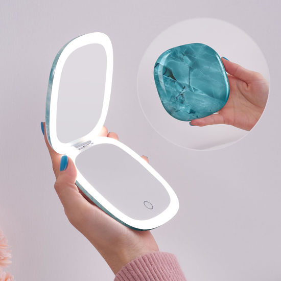 Picture of Mocado Compact LED Travel Makeup Mirror - 4 Inches 1X/10X Magnification Travel Mirror with Light Dimmable Double Sides Lighted USB Rechargeable Compact Mirror for Purse,Pocket,Travel(Green Marble)