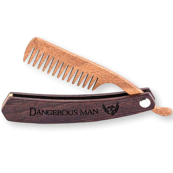 Picture of Beard Comb Gifts for Him Wooden Comb for Men Folding Pocket Comb for Moustache Beard Hair Walnut Combs Husband Anniversary Gift with the Engraving (Fear The Beard) (Model DM)