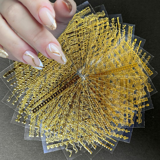 Picture of 30 Sheets Gold Line Nail Art Stickers Gold Lace Nail Stickers 3D Self-Adhesive Gold Nail Decals Acrylic Nails DIY Design Nail Supplies for Women