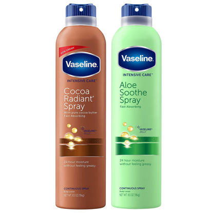Picture of Vaseline Cocoa Radiant Spray + Aloe Soothe Spray Variety 2-Pack - Non-Greasy, Fast-Absorbing All-Over Moisturizers for Dry Skin, 6.5 Oz Ea
