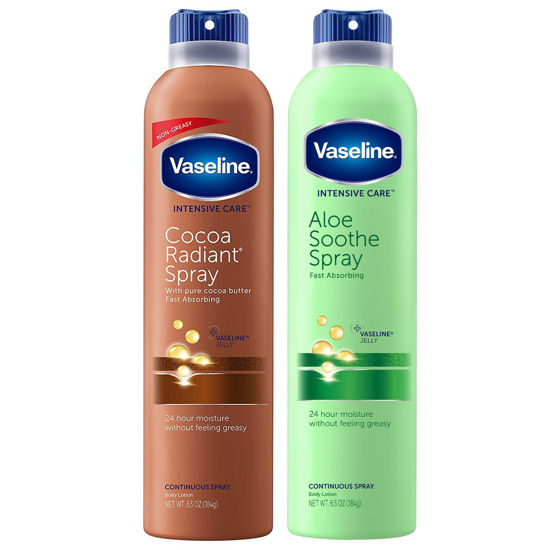 Picture of Vaseline Cocoa Radiant Spray + Aloe Soothe Spray Variety 2-Pack - Non-Greasy, Fast-Absorbing All-Over Moisturizers for Dry Skin, 6.5 Oz Ea