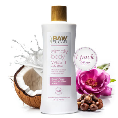 Picture of RAW SUGAR Simply Body Wash, Beach Rose + Coconut Milk + Shea (25 Fl Oz, Pack of 1) Sensitive Skin Bath Soap, Formulated without Sulfates & Parabens