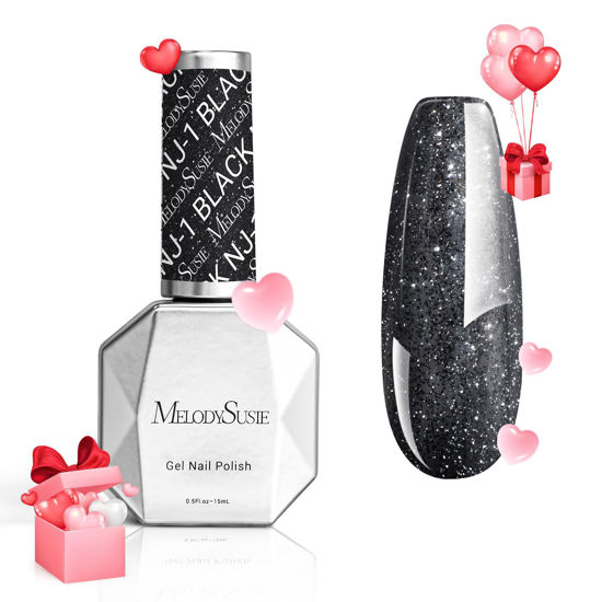 Picture of MelodySusie Black Glitter Gel Nail Polish,0.5fl oz Black Diamond Glitter Soak Off UV LED Reflective Glitter Gel Polish Gift for Women Nail Art Manicure Salon DIY Nail Design Decoration at Home- NJ-1