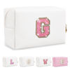 Picture of Small Initial Patch Makeup Bag Personalized Gifts Make Up Bag,White Cute PU Leather Glitter Letter Cosmetic Bag with Zipper,Trendy Portable Travel Toiletry Pouch,Preppy Stuff for Teen Girls Women G