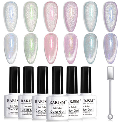 Picture of RARJSM Aurora Mermaid Cat Eye Gel Nail Polish Set 6 Colors Velvet Silver Glitter Pink Green Blue Purple Galaxy Star Shimmer Gel Polish with Magnetic Stick UV LED Curing Requires Soak Off Home Salon