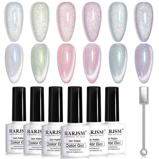 Picture of RARJSM Aurora Mermaid Cat Eye Gel Nail Polish Set 6 Colors Velvet Silver Glitter Pink Green Blue Purple Galaxy Star Shimmer Gel Polish with Magnetic Stick UV LED Curing Requires Soak Off Home Salon