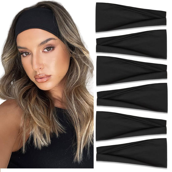 Picture of TERSE Black Headbands for Women's Hair, 6 Count - Cotton Hairbands for Securing Hair, Non Slip Sweat Bands Headbands for Yoga, Workout, Everyday Basic Fashion Hair Accessories