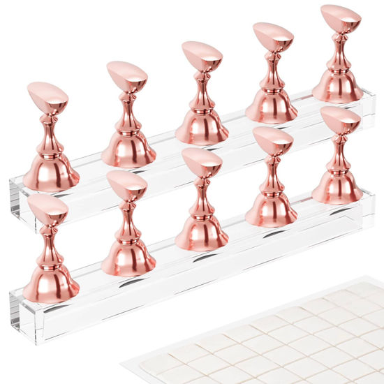 Picture of Nail Stand Acrylic Nail Art Display Stand Magnetic Nail Tips Practice Holder 54 Pcs Reusable Adhesive Putty for DIY Painting Nails Stand kit (Rose Gold)