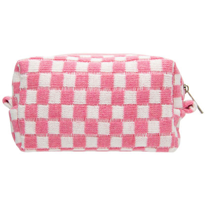 Picture of PAZIMIIK Checkered Makeup Bag for Purse Portable Zipper Make Up Pouch Small Cosmetic Case for Travel Accessories Pink White