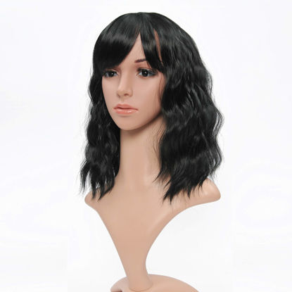 Picture of VCKOVCKO Bob Wave Wig With Air Bangs Natural Black Natural Curly Wavy Short Bob Wigs Women's Shoulder Length Wigs Synthetic Cosplay for Girl Colorful Wigs，1B