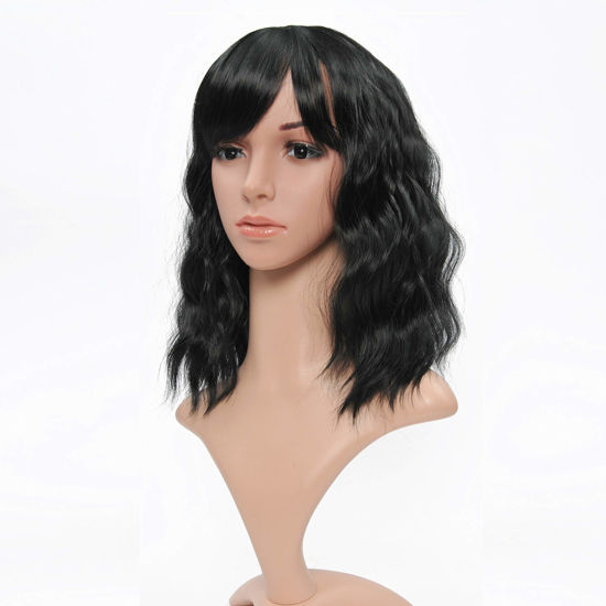 Picture of VCKOVCKO Bob Wave Wig With Air Bangs Natural Black Natural Curly Wavy Short Bob Wigs Women's Shoulder Length Wigs Synthetic Cosplay for Girl Colorful Wigs，1B