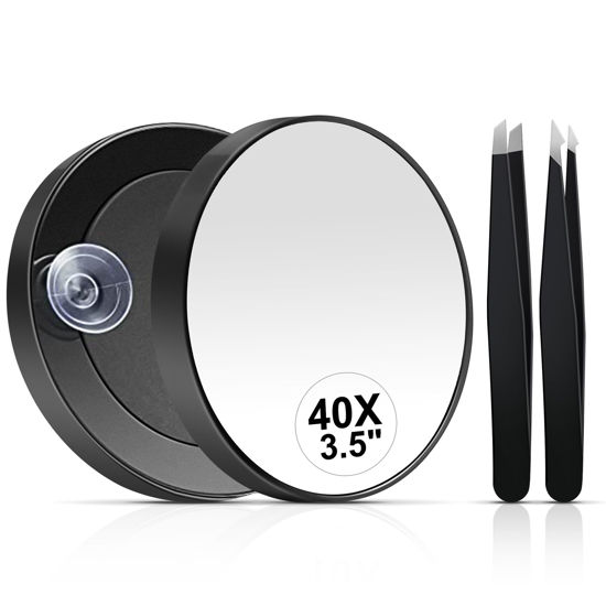 Picture of MIYADIVA 40X Magnifying Mirror, Small Magnifying Mirror with Suction Cup and Tweezers, As a Travel Magnifying Mirror, Compact Mirror Set for Plucking Eyebrows 3.5 Inches