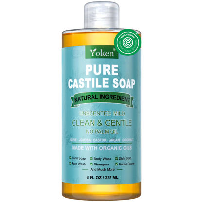 Picture of Yoken Pure Castile Liquid Soap Organic (EWG Verified, Unscented, 8 OZ), Made with Organic Oils, No Added Fragrance, Vegan, Castile Soap Liquid for Face, Laundry, Dishes, Sensitive Skin, Travel Soap