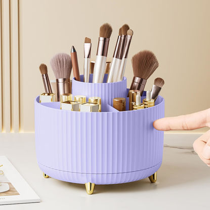 Picture of Diesisa Makeup Brush Holder Organizer,360° Rotating Makeup Brush Organizer,5 Slot Make up Brushes Cup for Cosmetics, Nail Polish, Art Supply, Bathroom Vanity Desktop Organizer - Purple