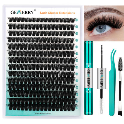 Picture of GEMERRY Lash Extension Kit Thick Lash Clusters Kit Fluffy Eyelash Clusters D Curl Eyelash Extension Kit With Lash Bond and Seal, Lash Tweezers, DIY Lash Extension Kit(80P-10-18mm)