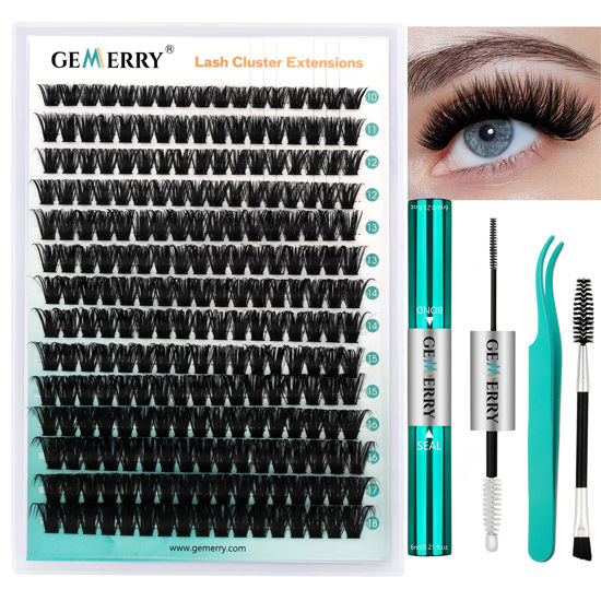 Picture of GEMERRY Lash Extension Kit Thick Lash Clusters Kit Fluffy Eyelash Clusters D Curl Eyelash Extension Kit With Lash Bond and Seal, Lash Tweezers, DIY Lash Extension Kit(80P-10-18mm)