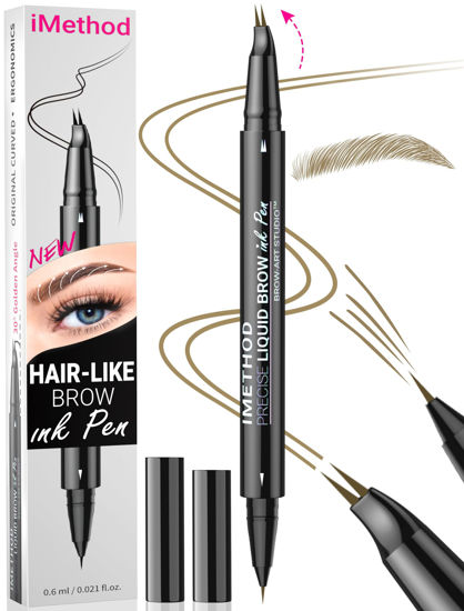 Picture of iMethod Curved Eyebrow Pen - Eyebrow Pencil, Brow Pencil 2-in-1 Dual-Ended Microblading Eyebrow Pen with Micro-Fork-Tip and Precise Brush-Tip Create Natural Hair-Like Brows, Last All-Day, Brown