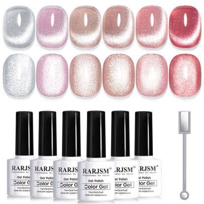 Picture of RARJSM Cat Eye Gel Nail Polish Set 6 Pcs Magnetic Sparkle Diamond Glitter Nude Pink Light Purple Red Silver Sheer Pink Velvet Ice Jelly Gel Polish with Magnet Stick UV LED Curing Requires Soak Off
