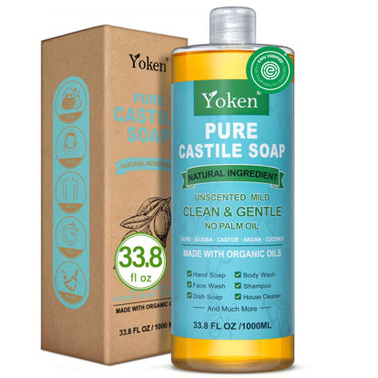 Picture of Yoken EWG Verified Castile Soap Liquid Unscented 33.8 fl oz Pure Castile Liquid Soap Made With Organic Oil, Clean & Gentle, Natural Castor Oil Soap for Body Wash, Hand, Dishes, Laundry, No Fragrance