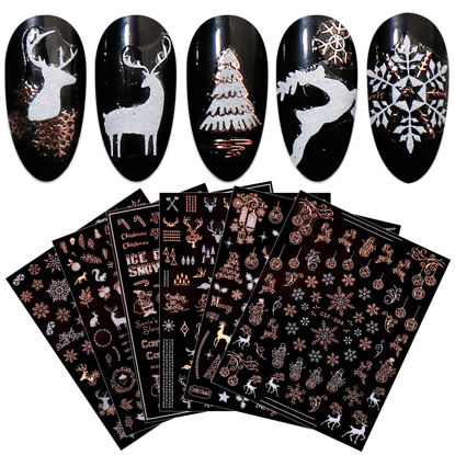 Picture of JMEOWIO 9 Sheets Christmas White Glitter Nail Art Stickers Decals Self-Adhesive Snowflake Winter Holiday Rose Gold Nail Supplies Nail Art Design Decoration Accessories