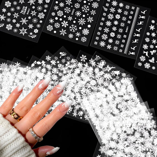 Picture of 30 Sheets Christmas Nail Art Stickers Decals 3D Self-Adhesive Snowflake Nail Stickers White Snowmen Santa Claus Elk Nail Supplies New Year DIY Nail Decals