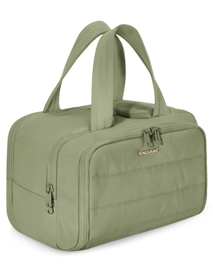 Picture of BAGSMART Travel Toiletry Bag, Lightweight Large Wide-open Travel Bag for Women, Puffy Cosmetic Makeup Bag Organizer with Handle for Accessories,Essentials, Toiletries, Green