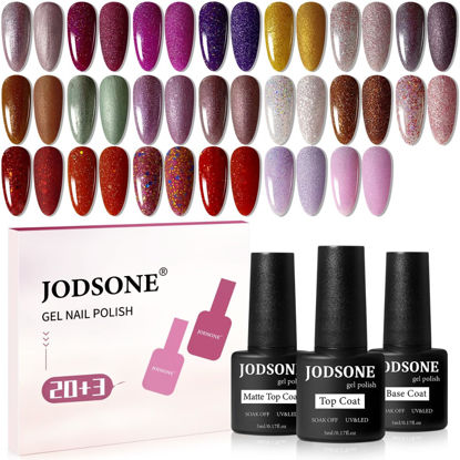 Picture of JODSONE 23 Bottles of Glitter Colorful and Elegant Gel Polish kit with 3 Bottles of Matte and Glossy Top Coat Base Coat Gel Nail Set
