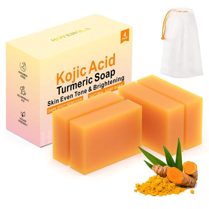 Picture of HOYEHOLA Kojic Acid Turmeric Soap Bar - Dark Spot Remover for Face Even Skin Tone, Moisturizing & Nourishing Natural Ingredients 4Pack