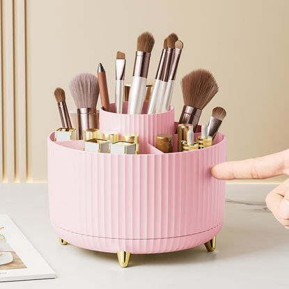 Picture of Diesisa Makeup Brush Holder Organizer,360° Rotating Makeup Brush Organizer,5 Slot Make up Brushes Cup for Cosmetics, Nail Polish, Art Supply, Bathroom Vanity Desktop Organizer - Pink