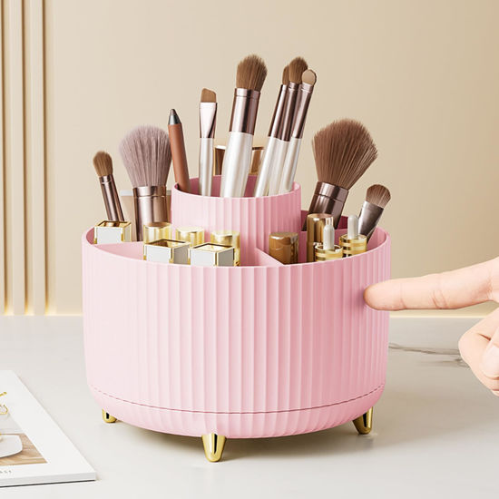 Picture of Diesisa Makeup Brush Holder Organizer,360° Rotating Makeup Brush Organizer,5 Slot Make up Brushes Cup for Cosmetics, Nail Polish, Art Supply, Bathroom Vanity Desktop Organizer - Pink